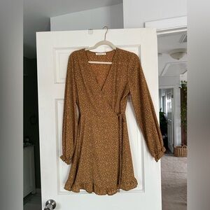 Women's Mustard Floral Wrap Dress with Long Sleeves